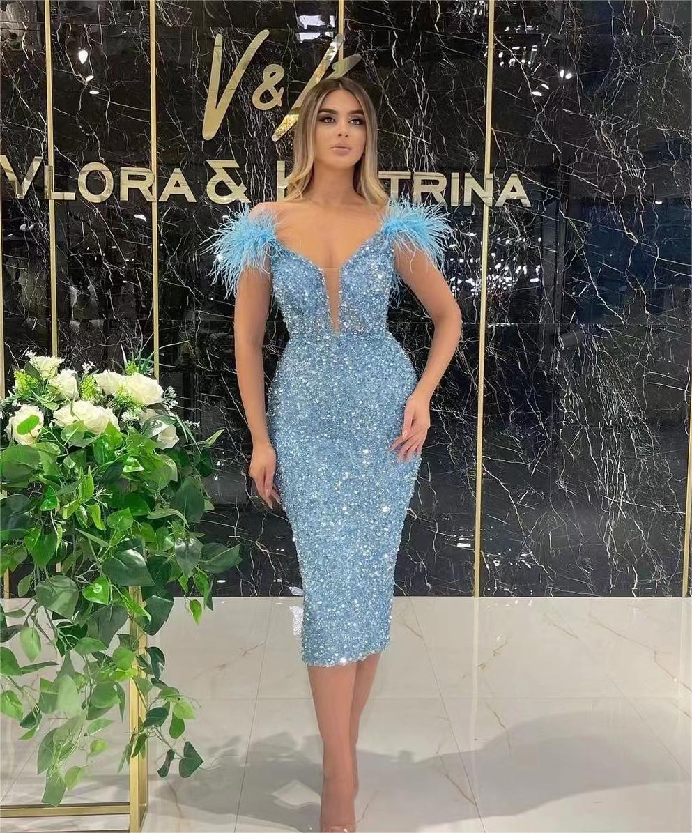 Summer Sexy Blue Feather Deep V Plunge Sequined Sleeveless Nightclub Evening Dress Party Dress Women Clothing