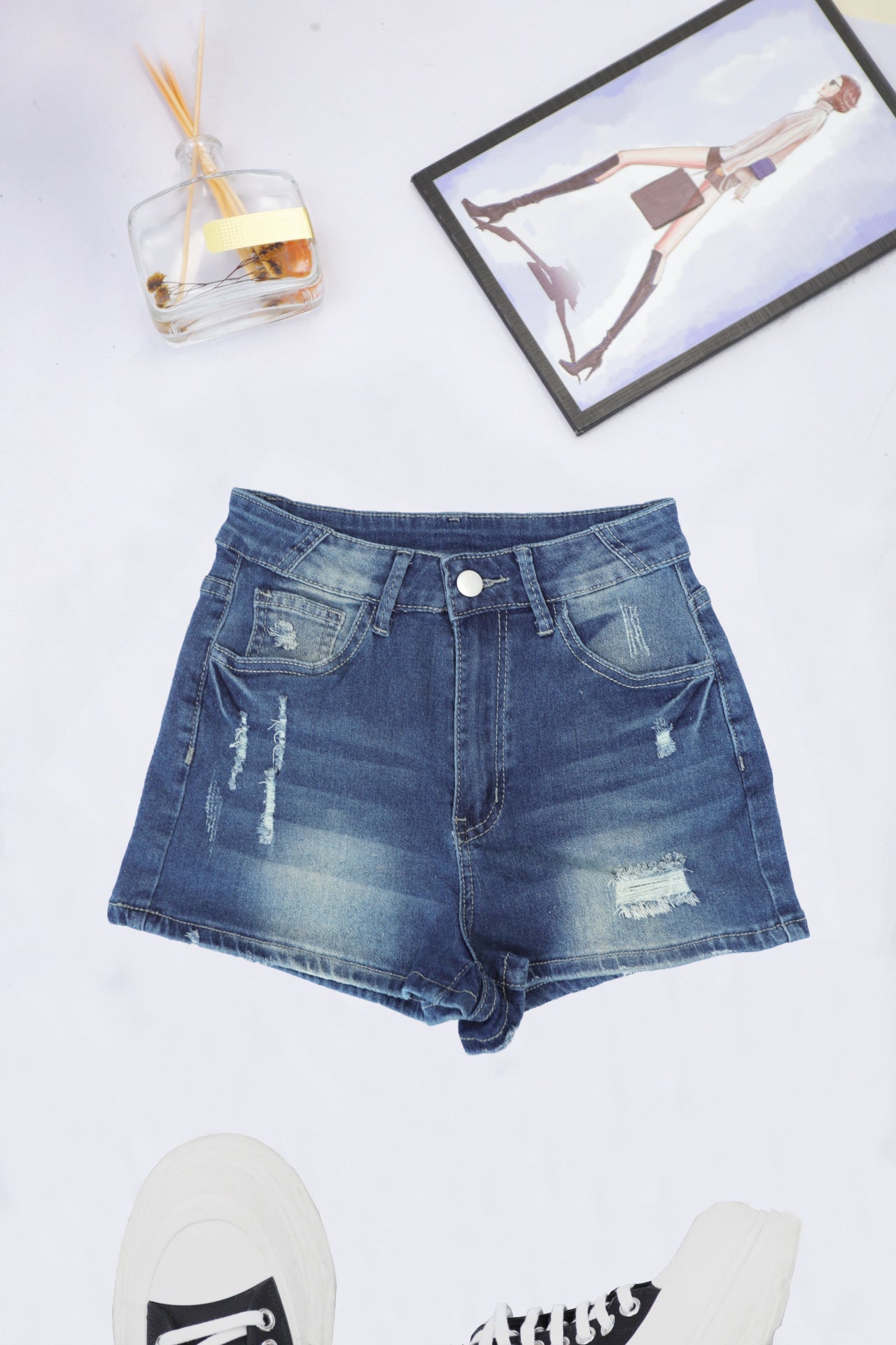 Women High Elastic Denim Shorts Ripped Worn Comfortable Slimming Street Blue