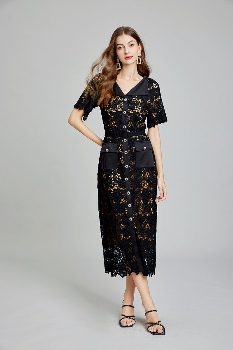 Women Summer Solid Lace Button Elegant A Line Maxi Dress Black