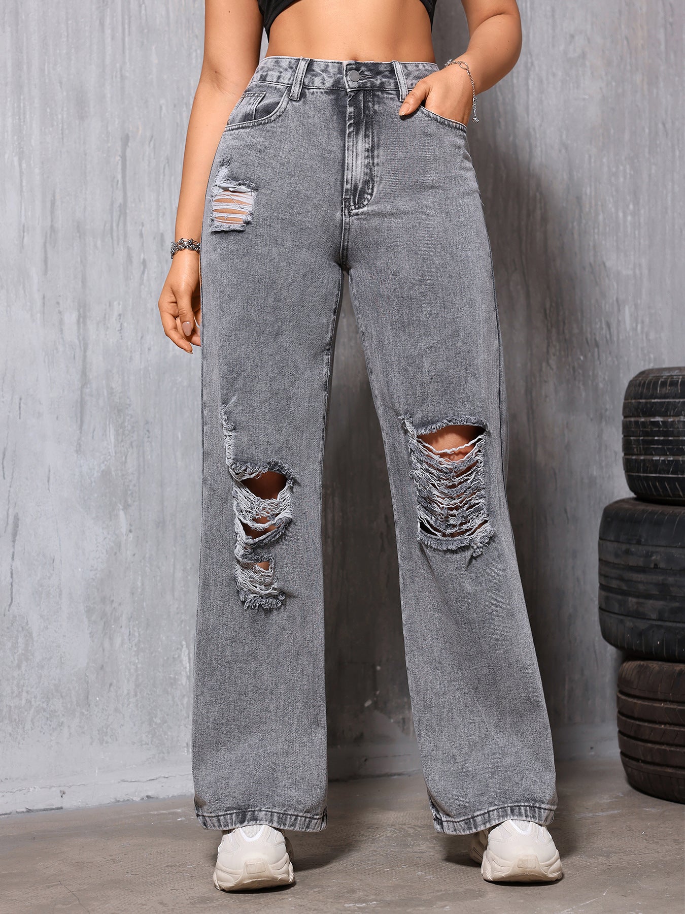 Women Straight Leg Pants Denim with Hole Washed Worn Street Slimming Casual Years Spring Summer XL Gray