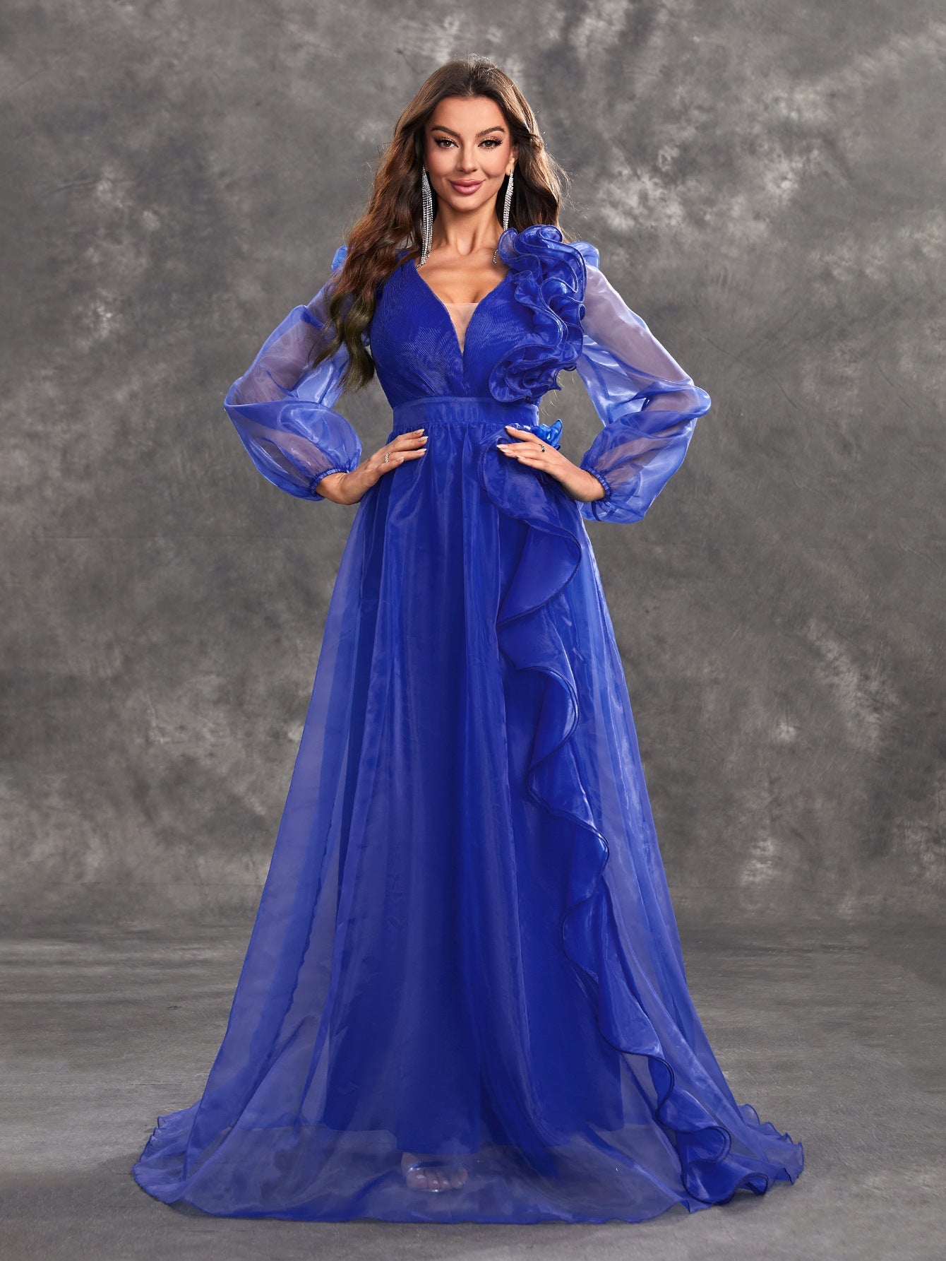 Women Prom Evening Dress V Neck Long Sleeve Three Dimensional Flounce Decorative Elegant Dress Blue