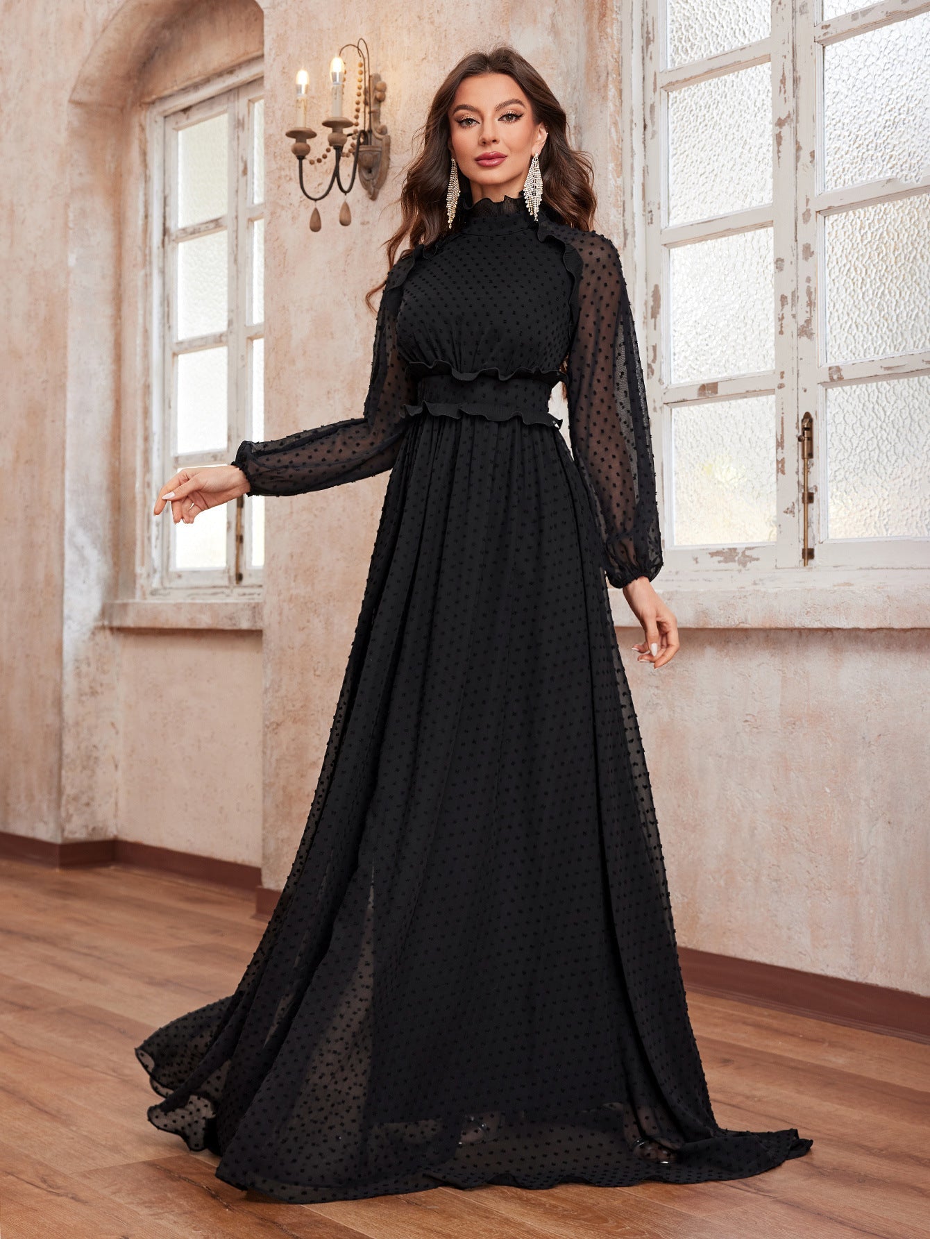 Women Chiffon Long With Wooden Ear High Collar Polka Dot Waist Long Sleeve Elegant Floor Dress Black