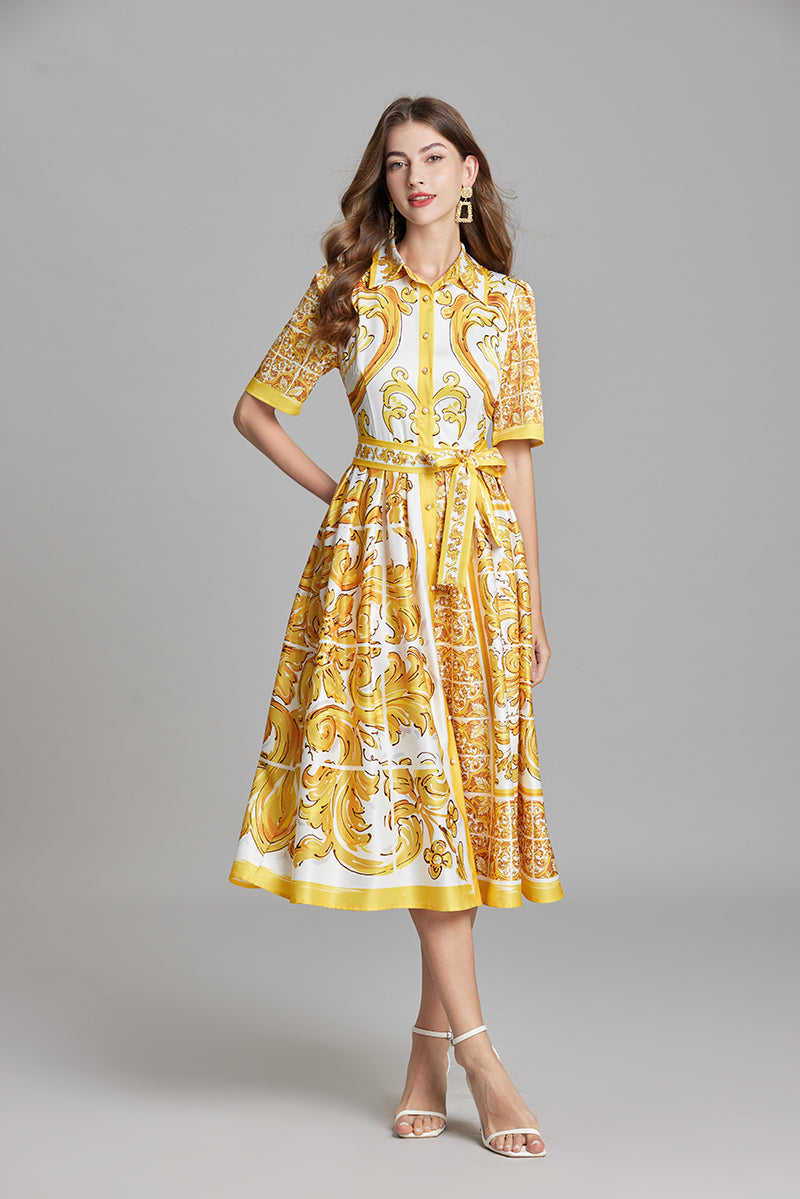 Women Summer Printed Belted Button A Line Dress