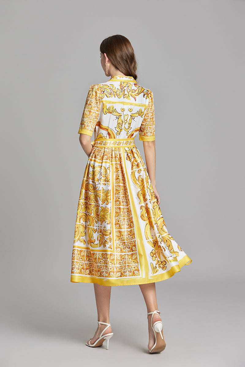 Women Summer Printed Belted Button A Line Dress