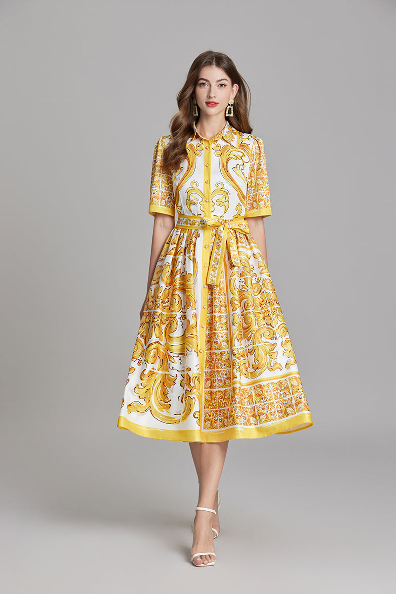 Women Summer Printed Belted Button A Line Dress