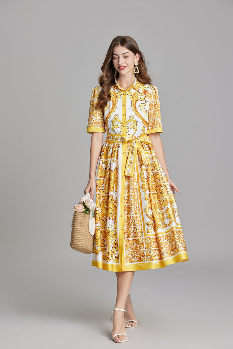 Women Summer Printed Belted Button A Line Dress Yellow