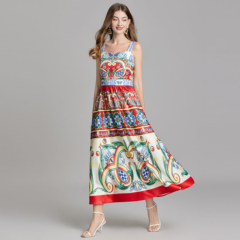 Women Summer Elegant Printed Sleeveless A Line Maxi Dress