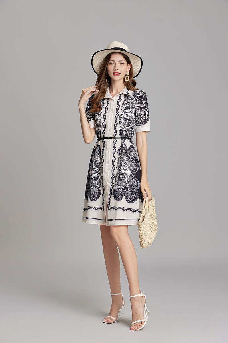 Women Summer Printed Button A Line Shirt Dress