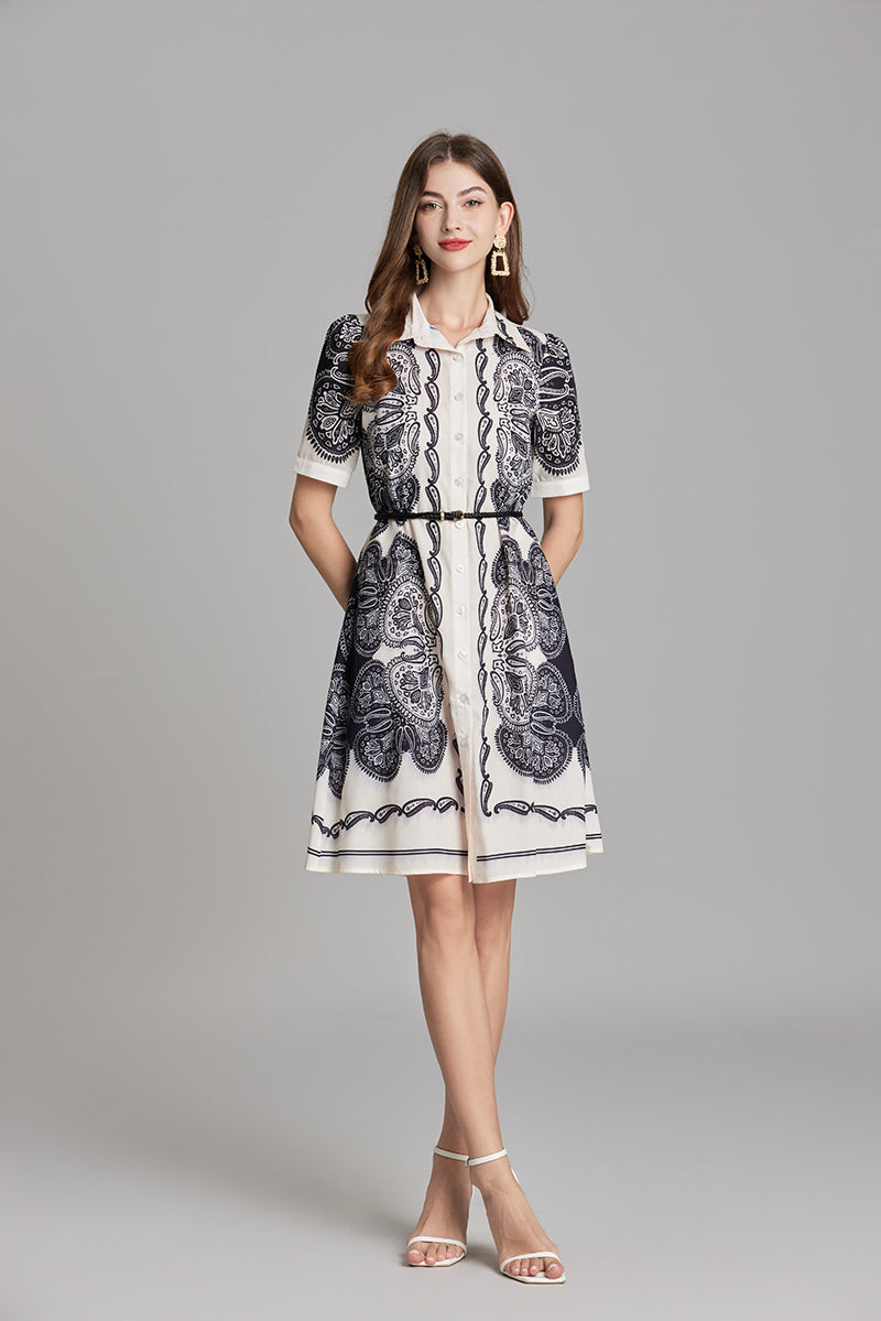 Women Summer Printed Button A Line Shirt Dress