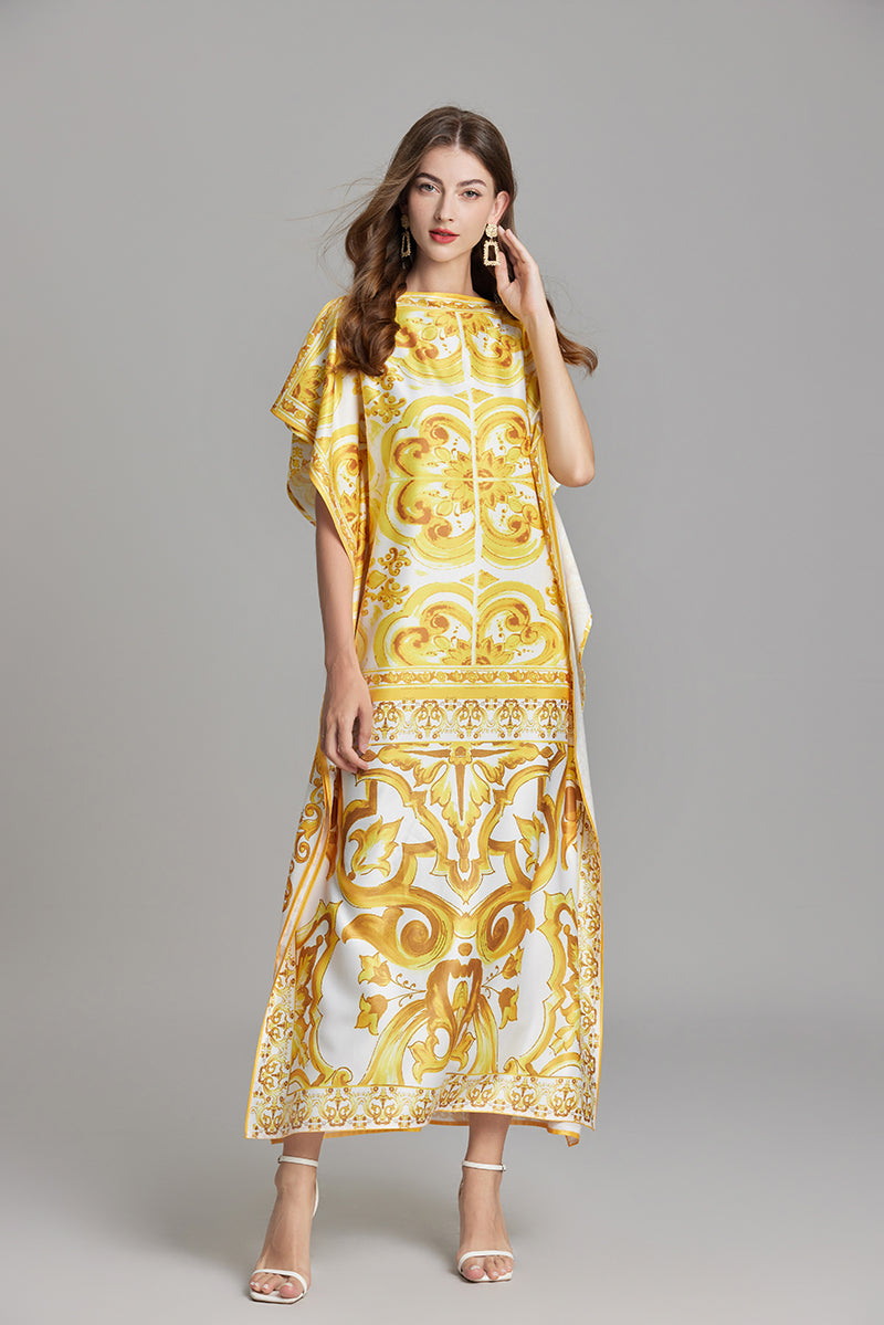 Women Summer Short Sleeve Printed Elegant A Line Maxi Dress Yellow