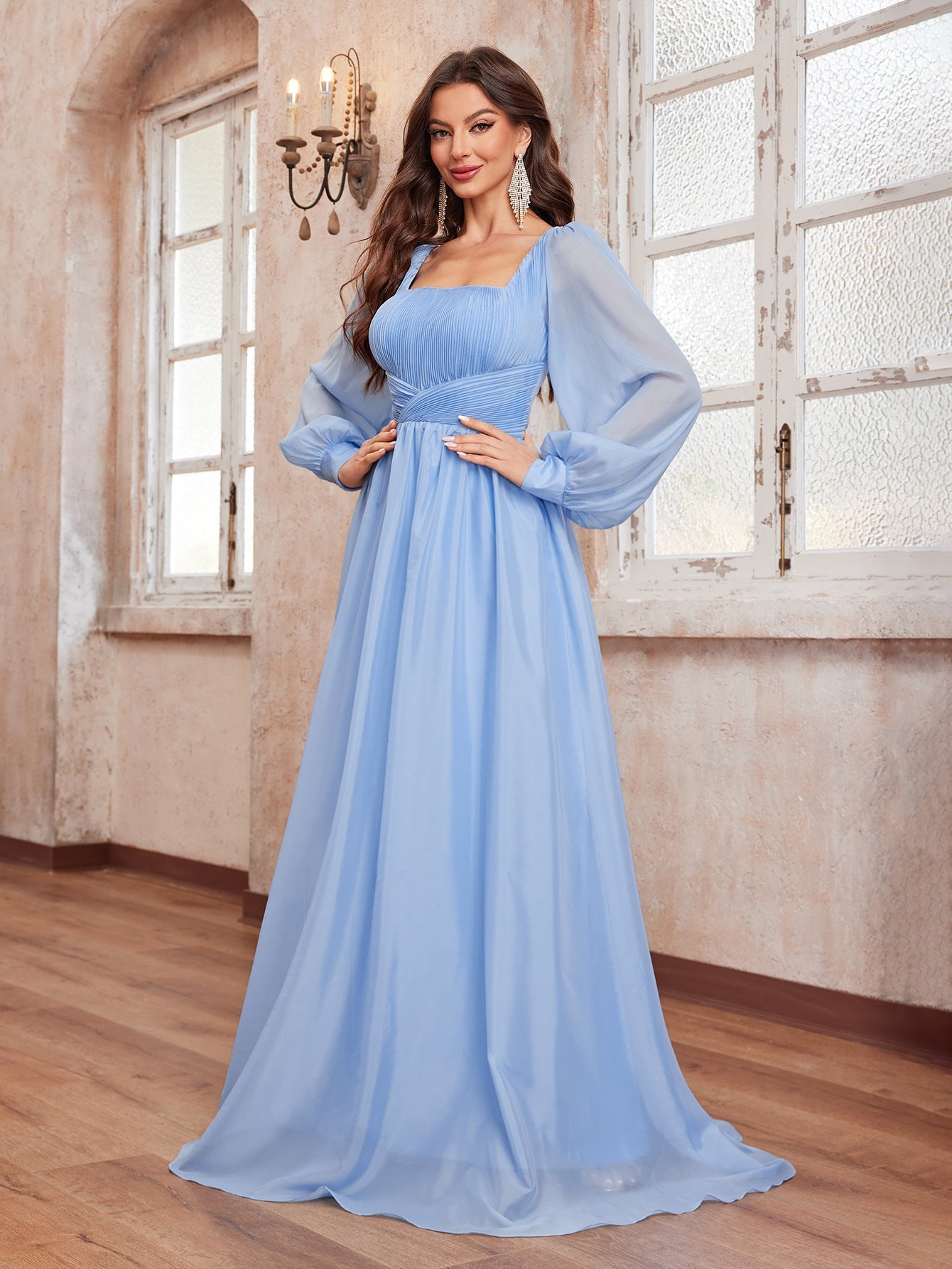 Spring Summer Women Chiffon Square Collar Dress Lantern Sleeve Elegant Graceful Ground Dress Light Blue