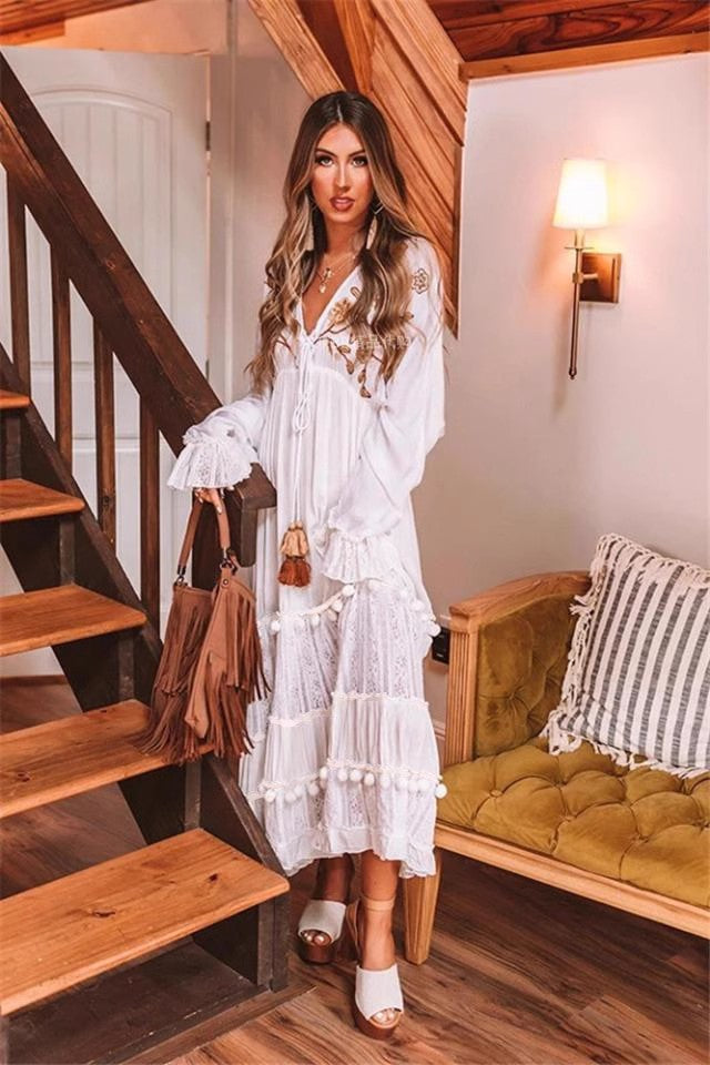 Women Spring Long Sleeve Dress With Floral Embroidery A Line Dress White