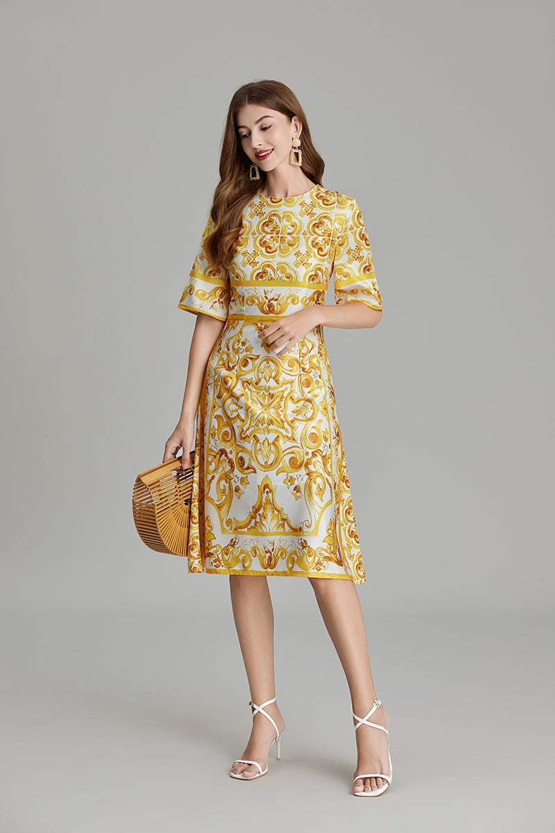 Women Summer Printed A Line Crew Neck Dress