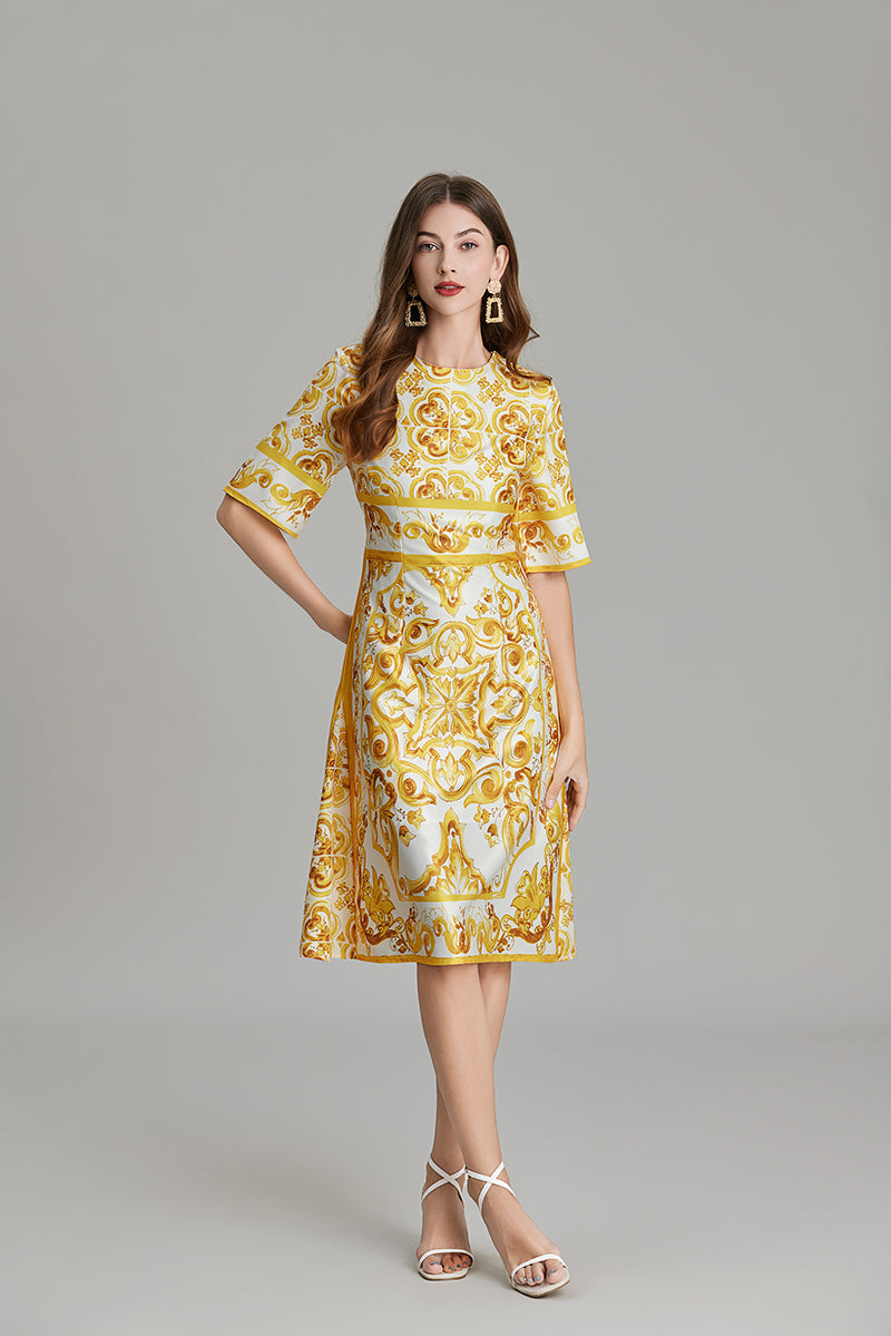 Women Summer Printed A Line Crew Neck Dress Yellow