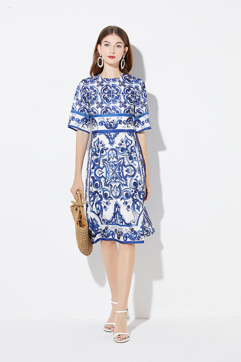 Women Summer Printed A Line Crew Neck Dress Blue