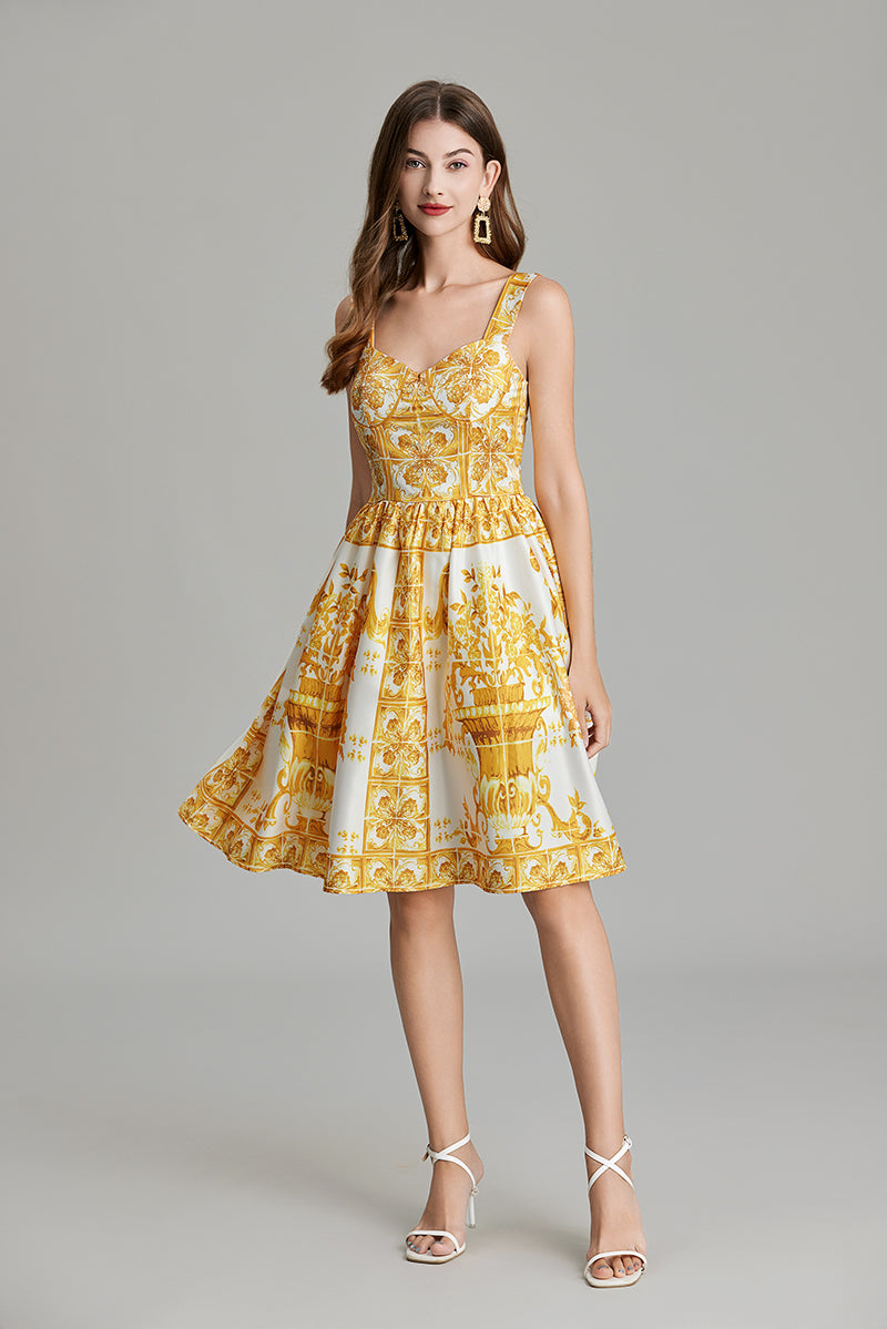 Women Summer Printed A Line V Neck Dress