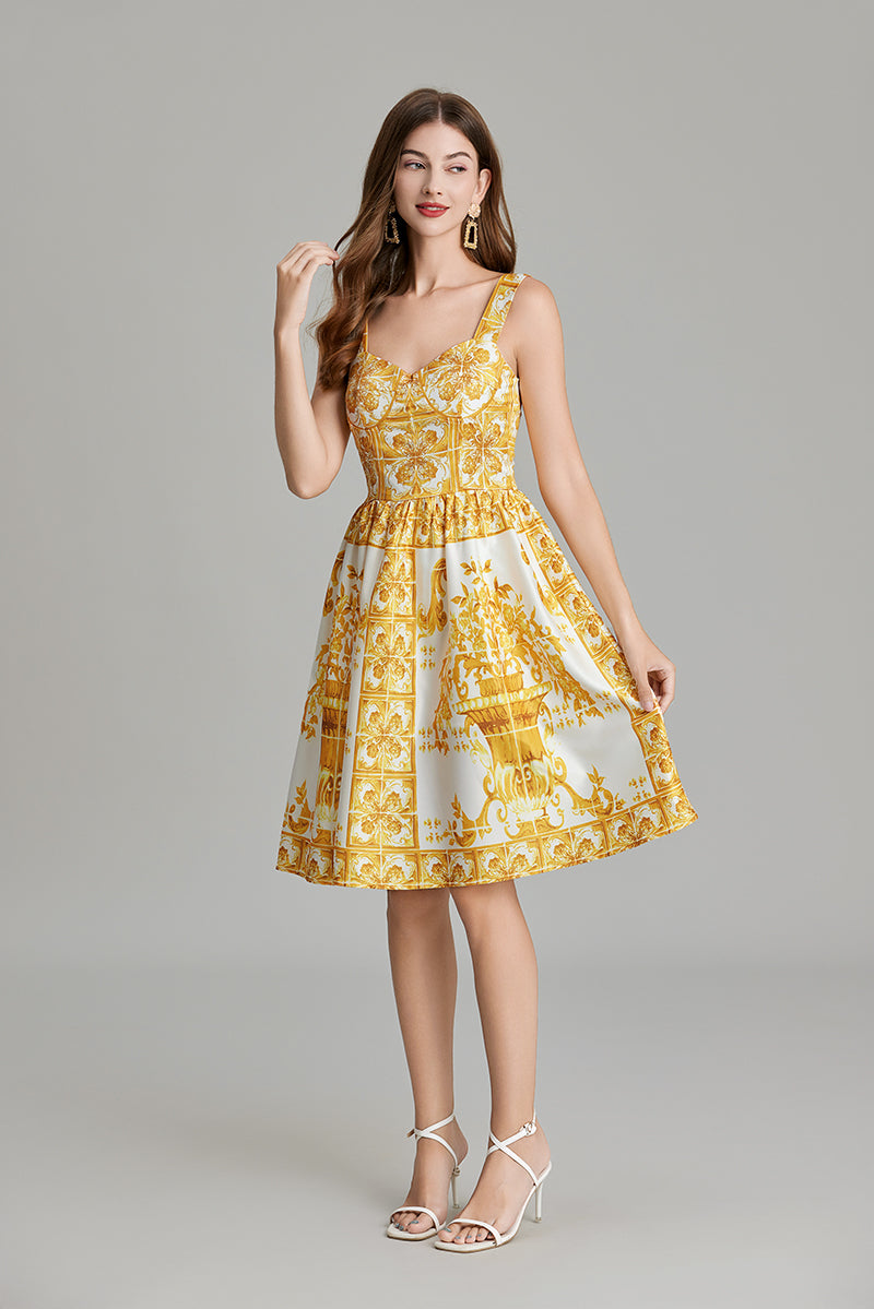 Women Summer Printed A Line V Neck Dress Yellow