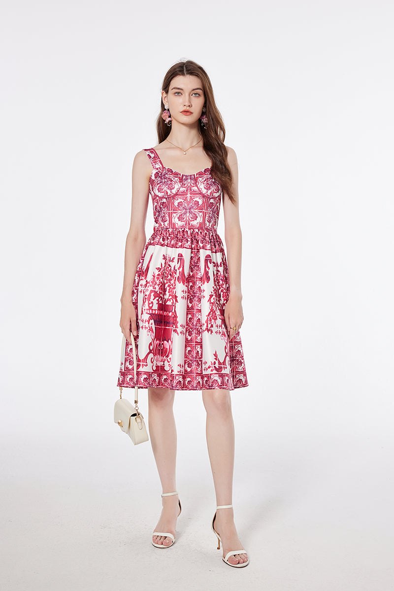 Women Summer Printed A Line V Neck Dress Red