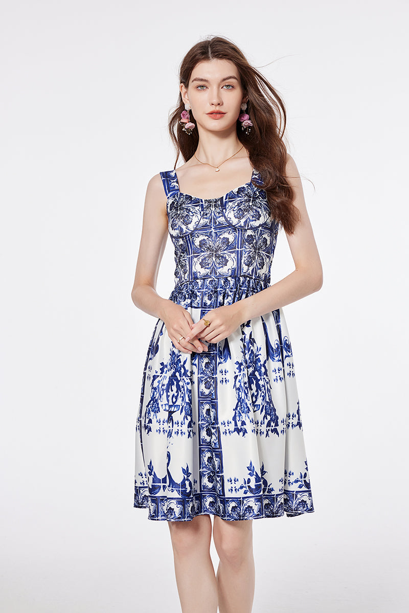 Women Summer Printed A Line V Neck Dress Blue