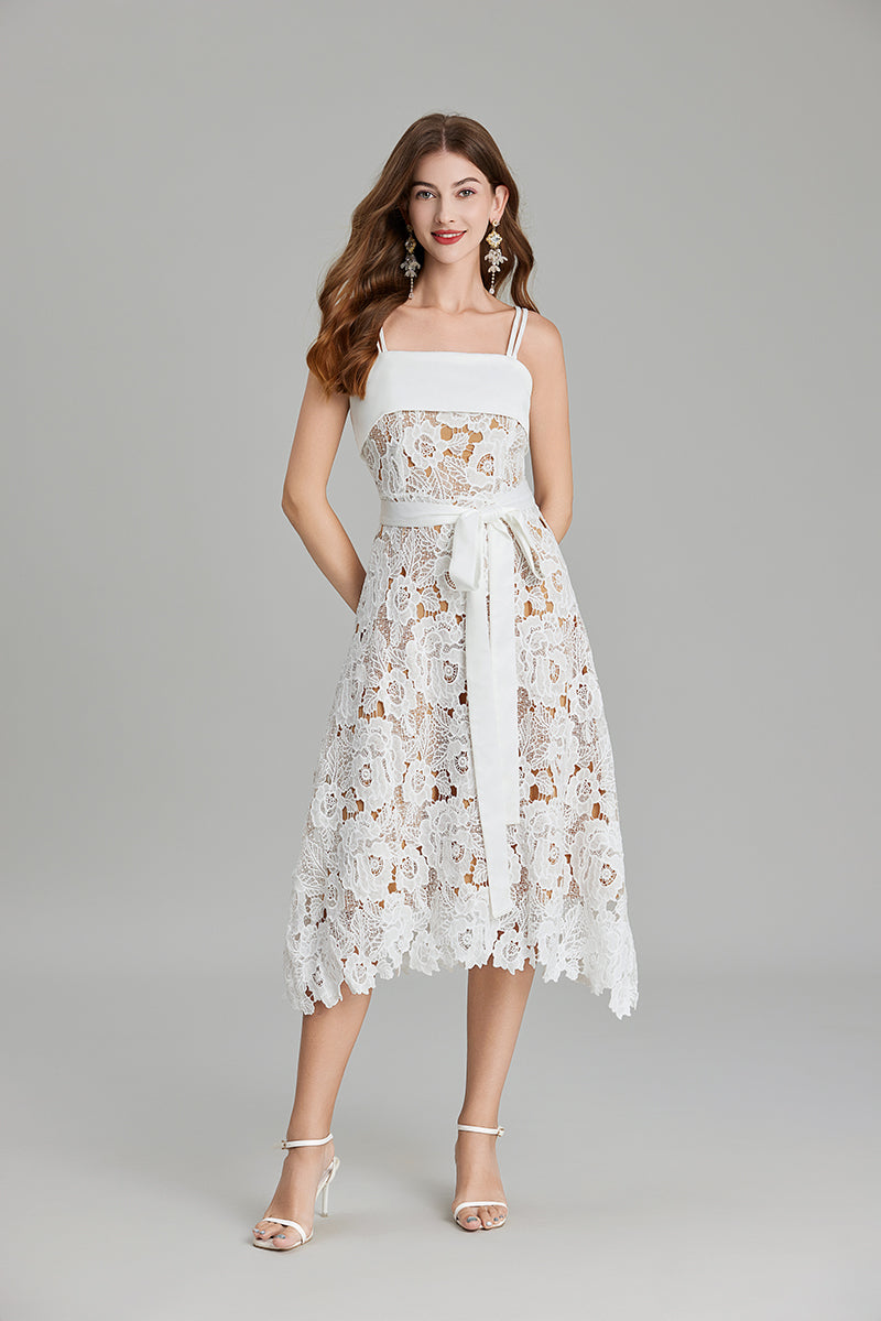 Women Summer Solid Embroidery Belted A Line Maxi Dress White