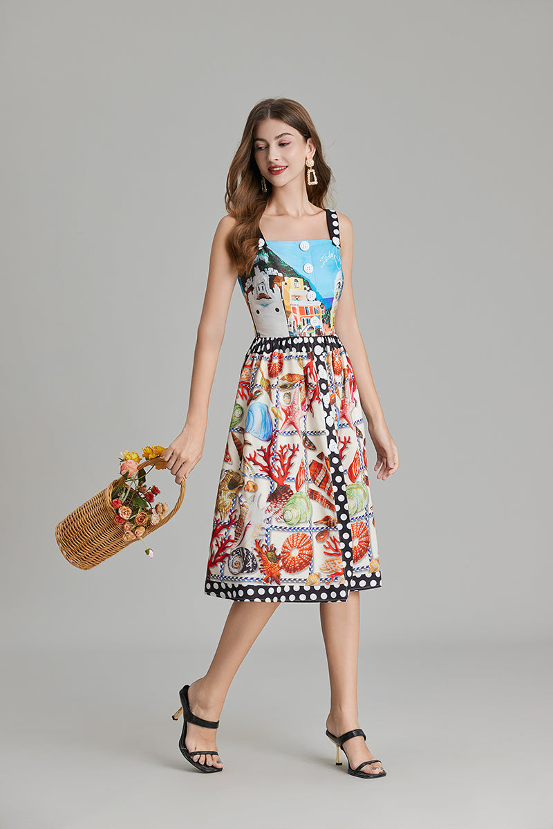 Women Summer Printed A Line Crew Neck Dress