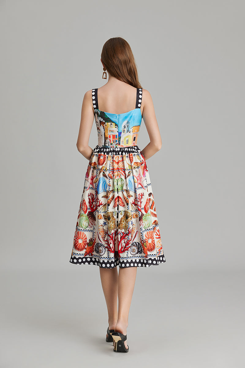 Women Summer Printed A Line Crew Neck Dress