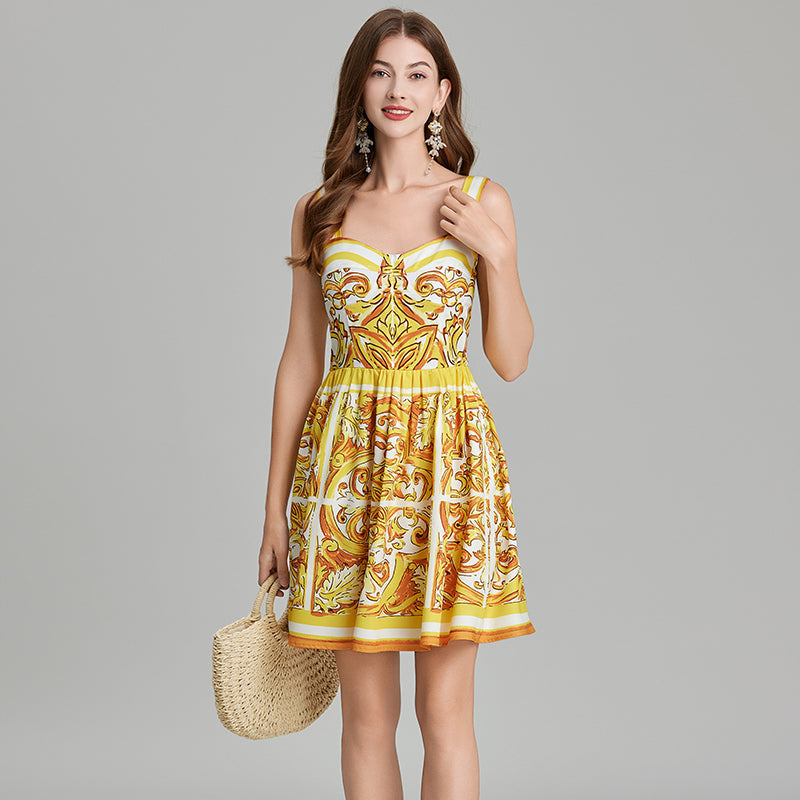 Women Summer Printed Sleeveless A Line Dress Yellow