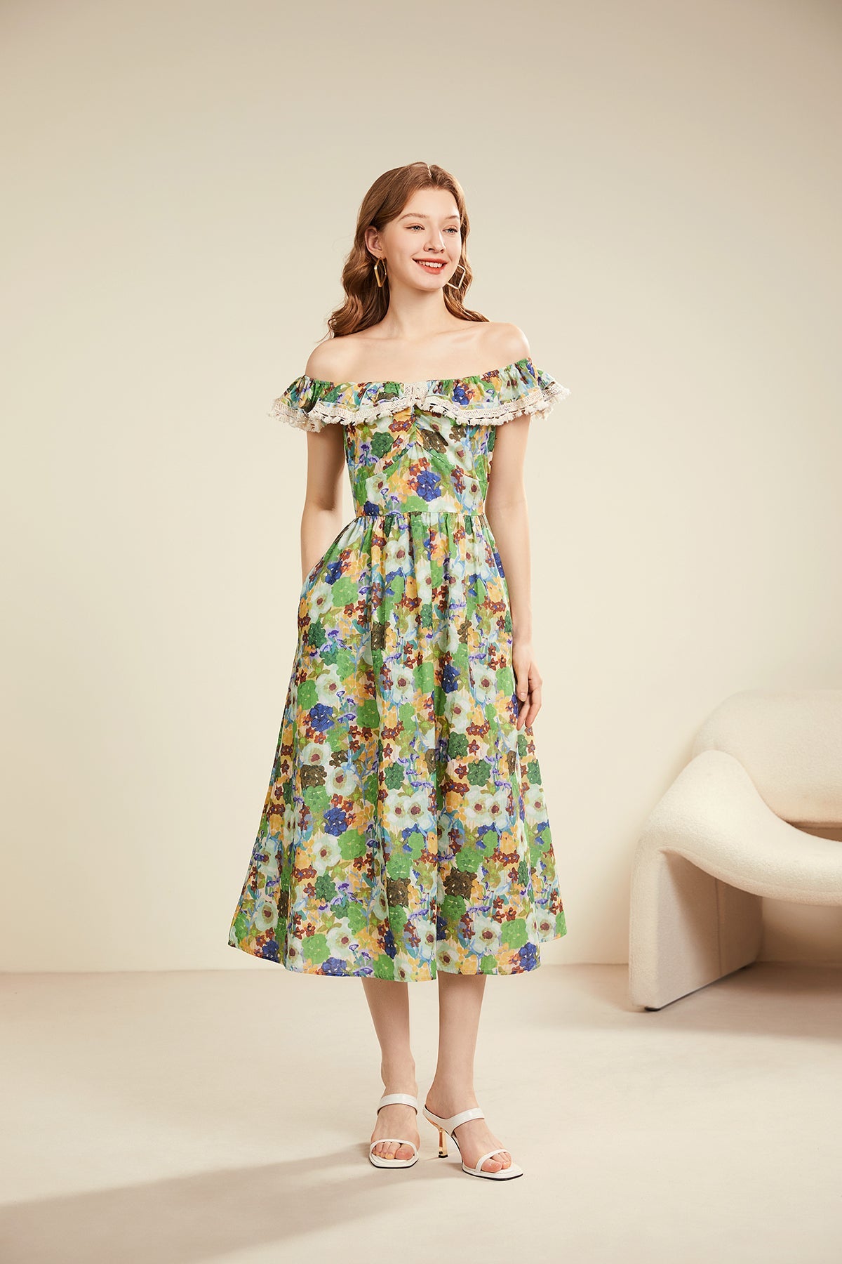 Women Summer Floral Off Shouldder Short Sleeve A Line Dress