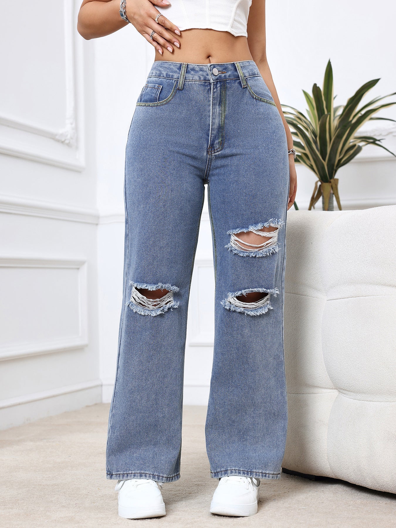 Women Clothing Spring Trendy Wide Leg Loose Hole High Waist Denim Trousers Blue