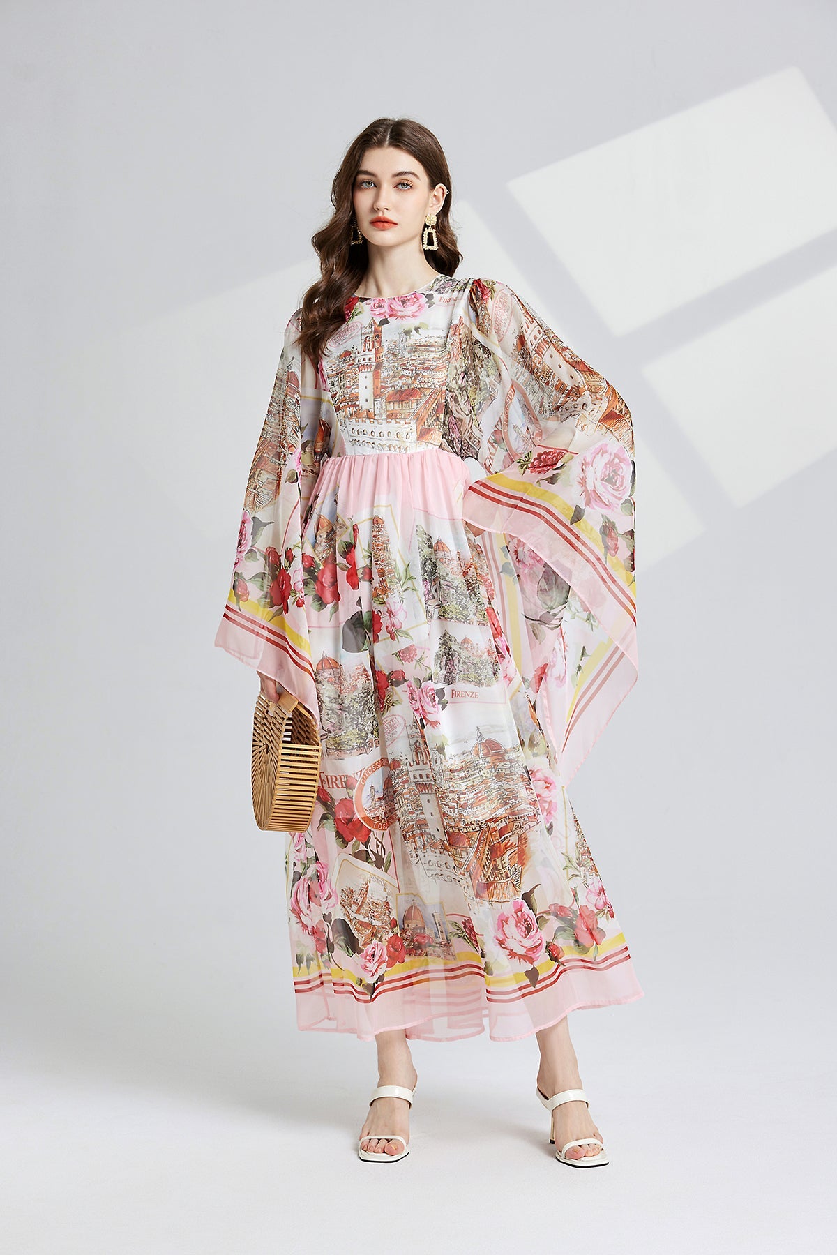 Vintage Palace Style Trumpet Long Sleeved Loose Printed A Line Large Swing Dress Tencel Long Dress Pink