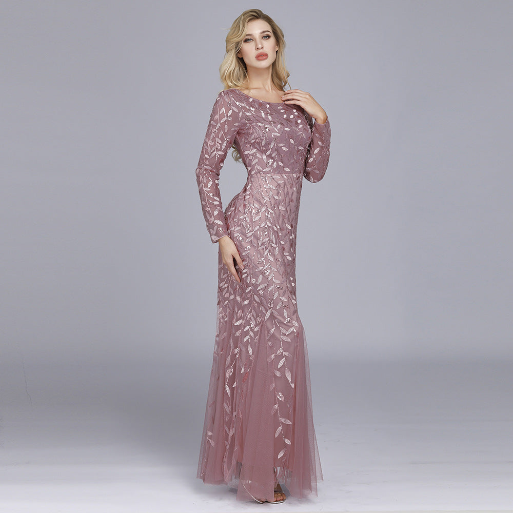 Spring Multi-Color Long Sleeve round Neck Fishtail Banquet Evening Dress for Women Lotus root starch color