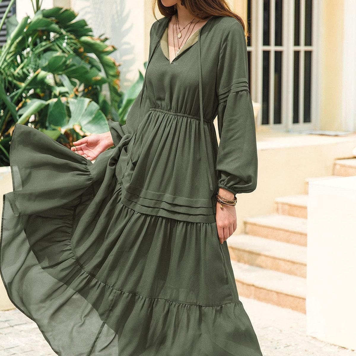 V Neck Long Sleeve Chiffon High Waist Slimming Dress Women Bohemian Vacation Dress Green