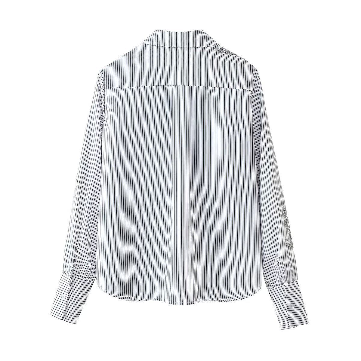 Women Clothing Beaded Embroidered Design Striped Shirt Women Autumn Niche Shirt