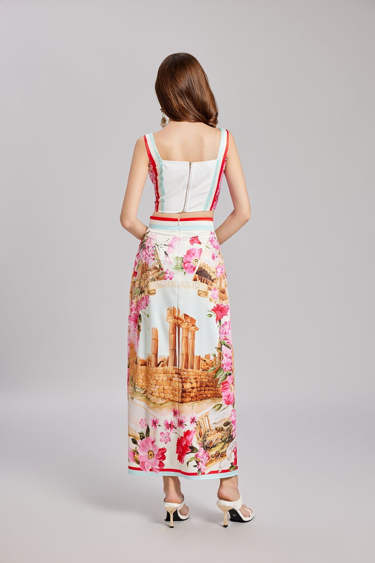 Summer Printed Stitching Three Dimensional Tube Top Strap Skirt Two Piece Set With Breast Pad