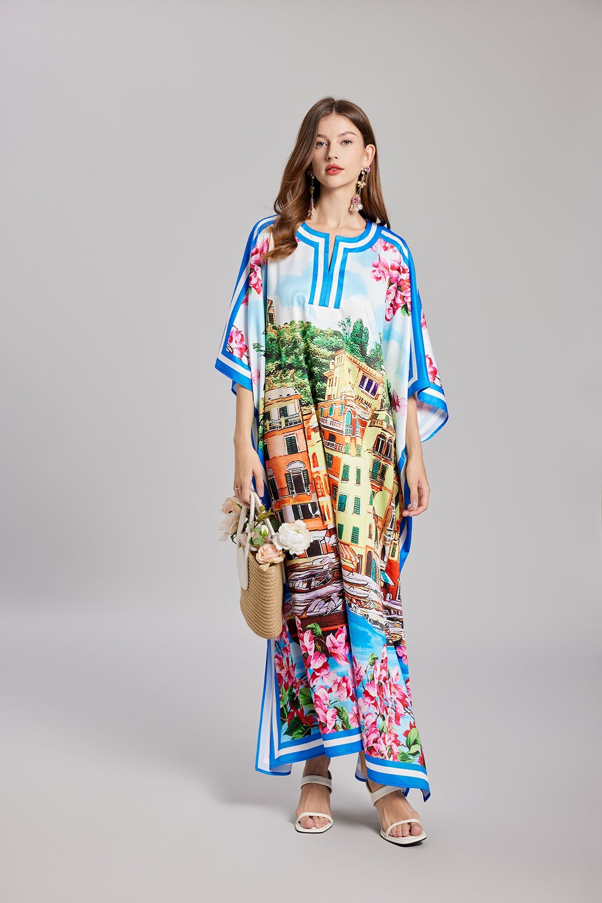 Vintage Positioning Printed Round Neck Split Long Sleeve Distinctive Dress Loose Dress Multi-1