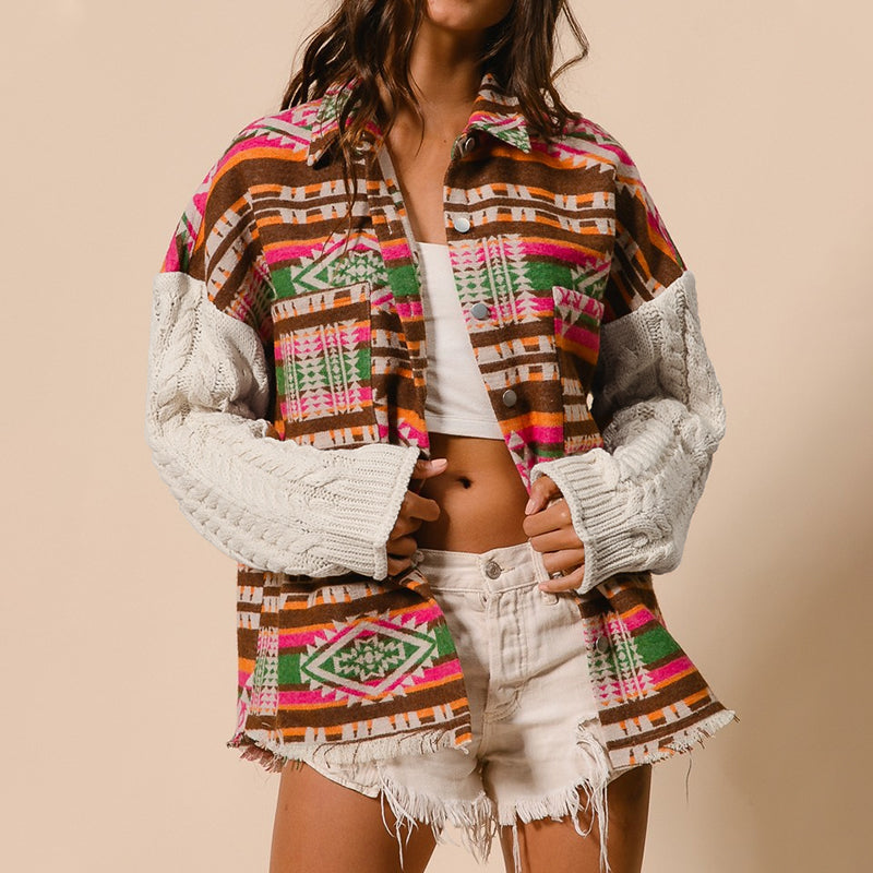 Women Clothing Popular Knitted Sleeve Patchwork Wool Coat Aztec Ethnic Loose Jacket