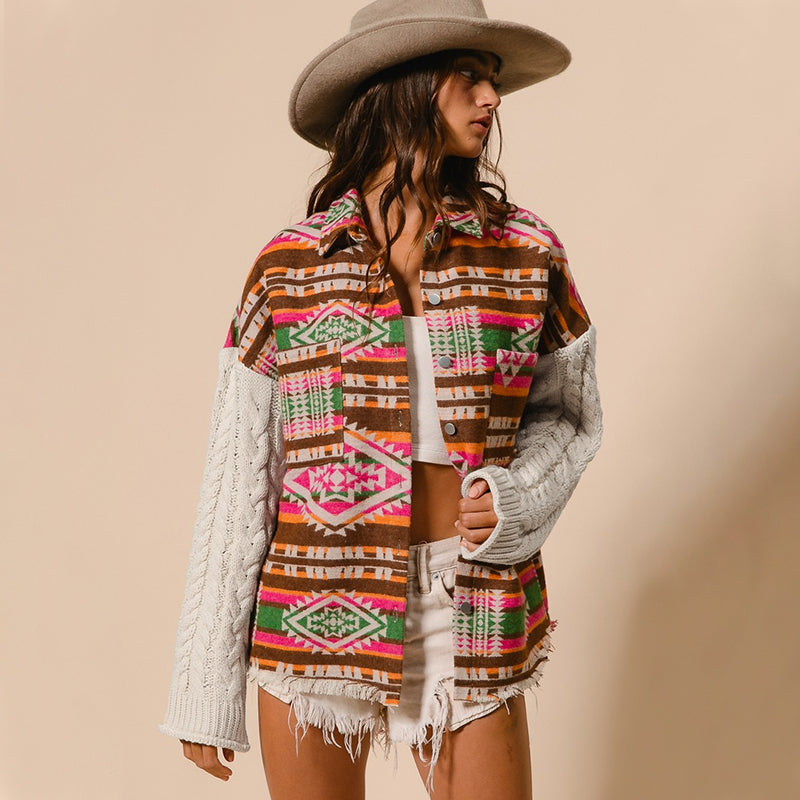 Women Clothing Popular Knitted Sleeve Patchwork Wool Coat Aztec Ethnic Loose Jacket