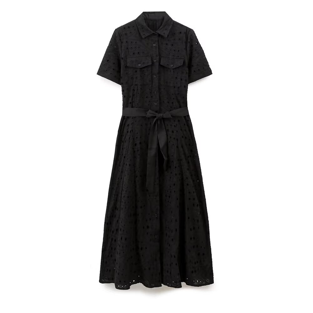 Women Hollow Out Cutout Design Embroidered Shirt Short Sleeve Long Dress Black