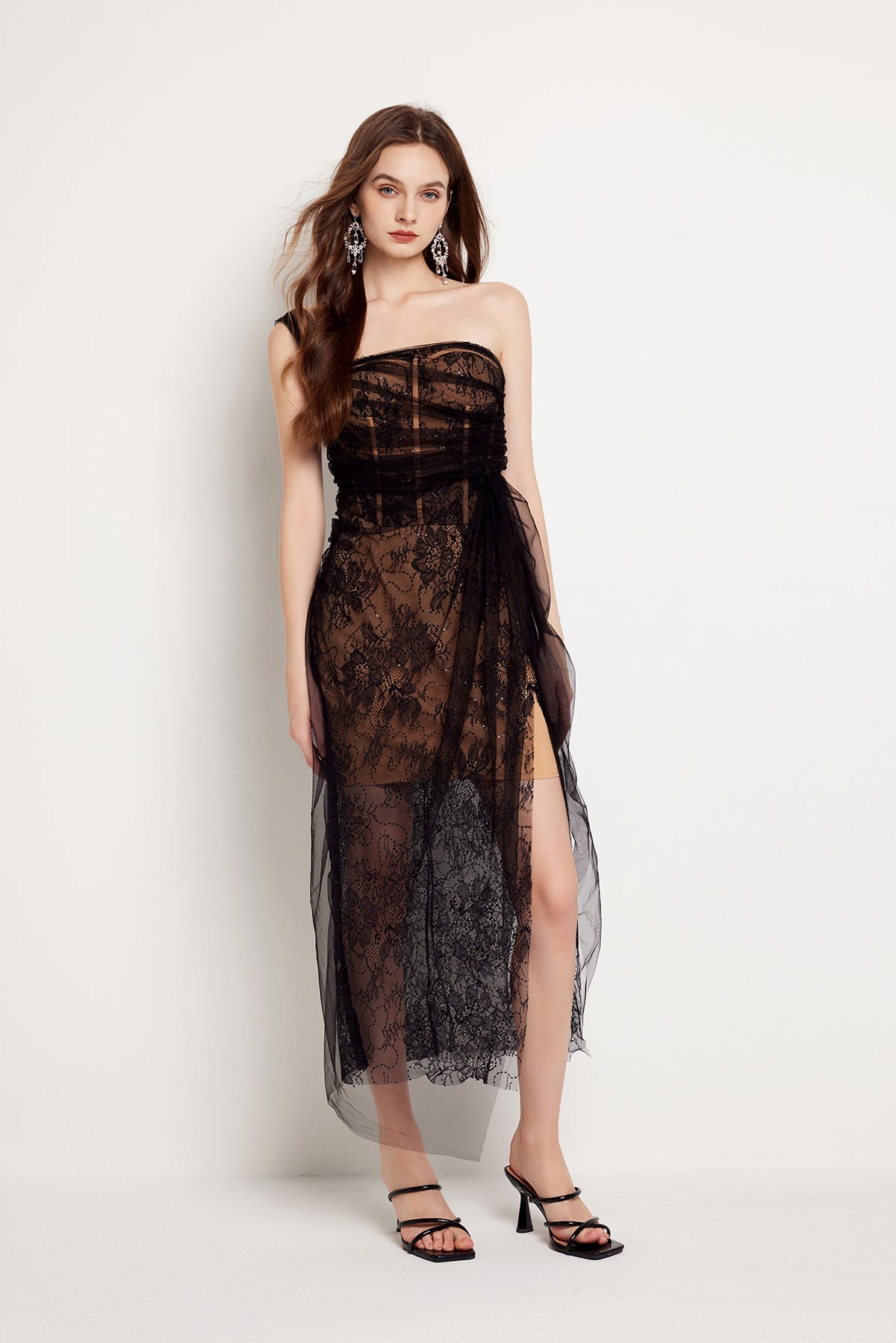 Women Summer Fishbone Lace Gauze Slit Slim Sexy Dress Black