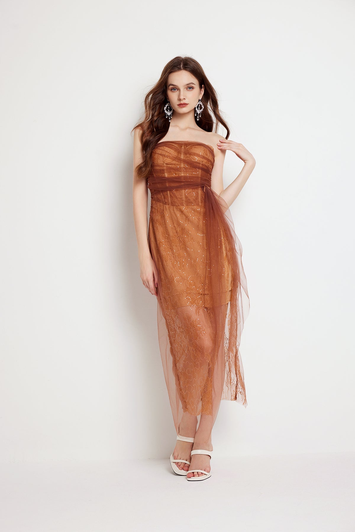 Women Summer Fishbone Lace Gauze Slit Slim Sexy Dress Coffee