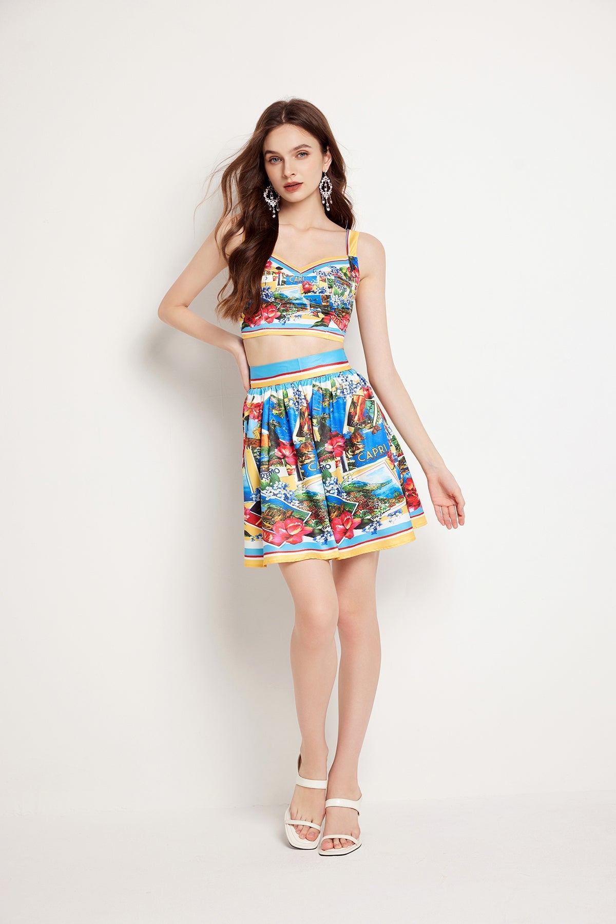 Women Summer Color Contrast Chest Halter Skirt Two Piece Set