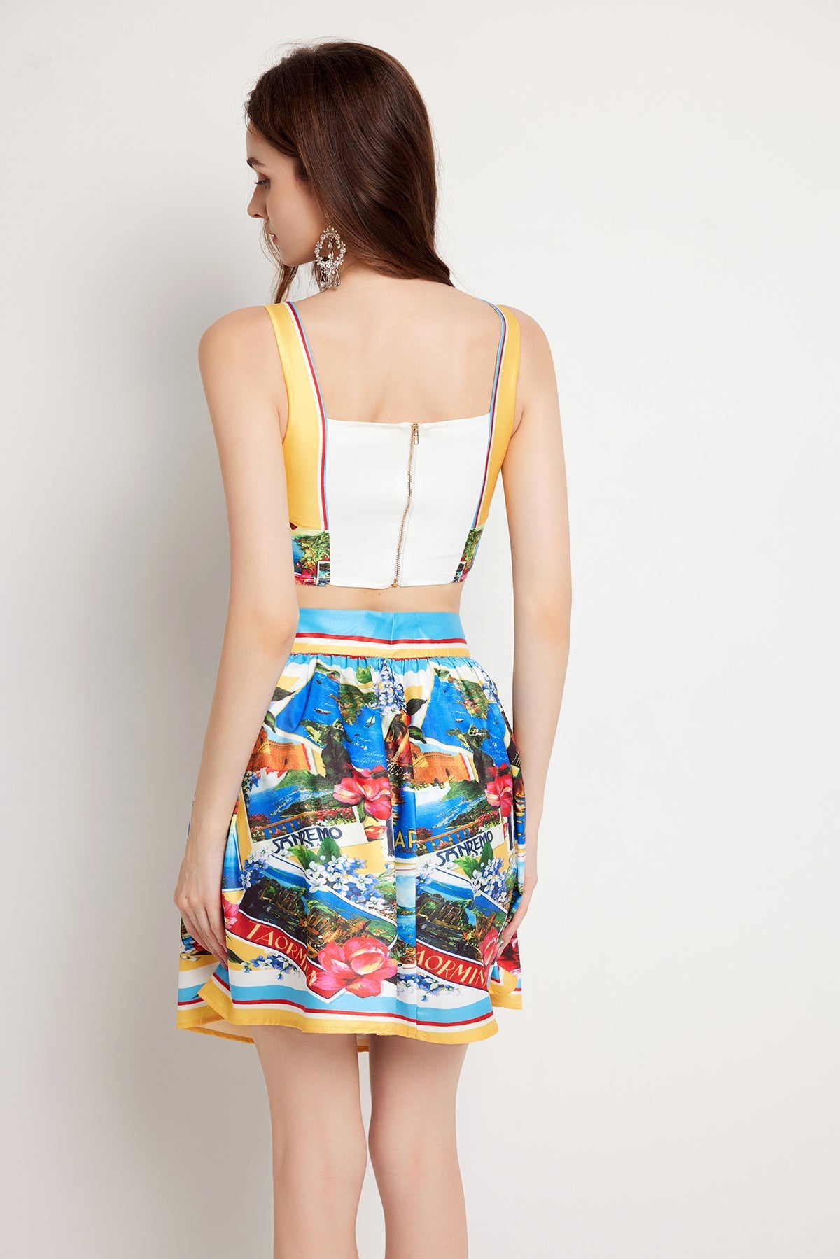 Women Summer Color Contrast Chest Halter Skirt Two Piece Set