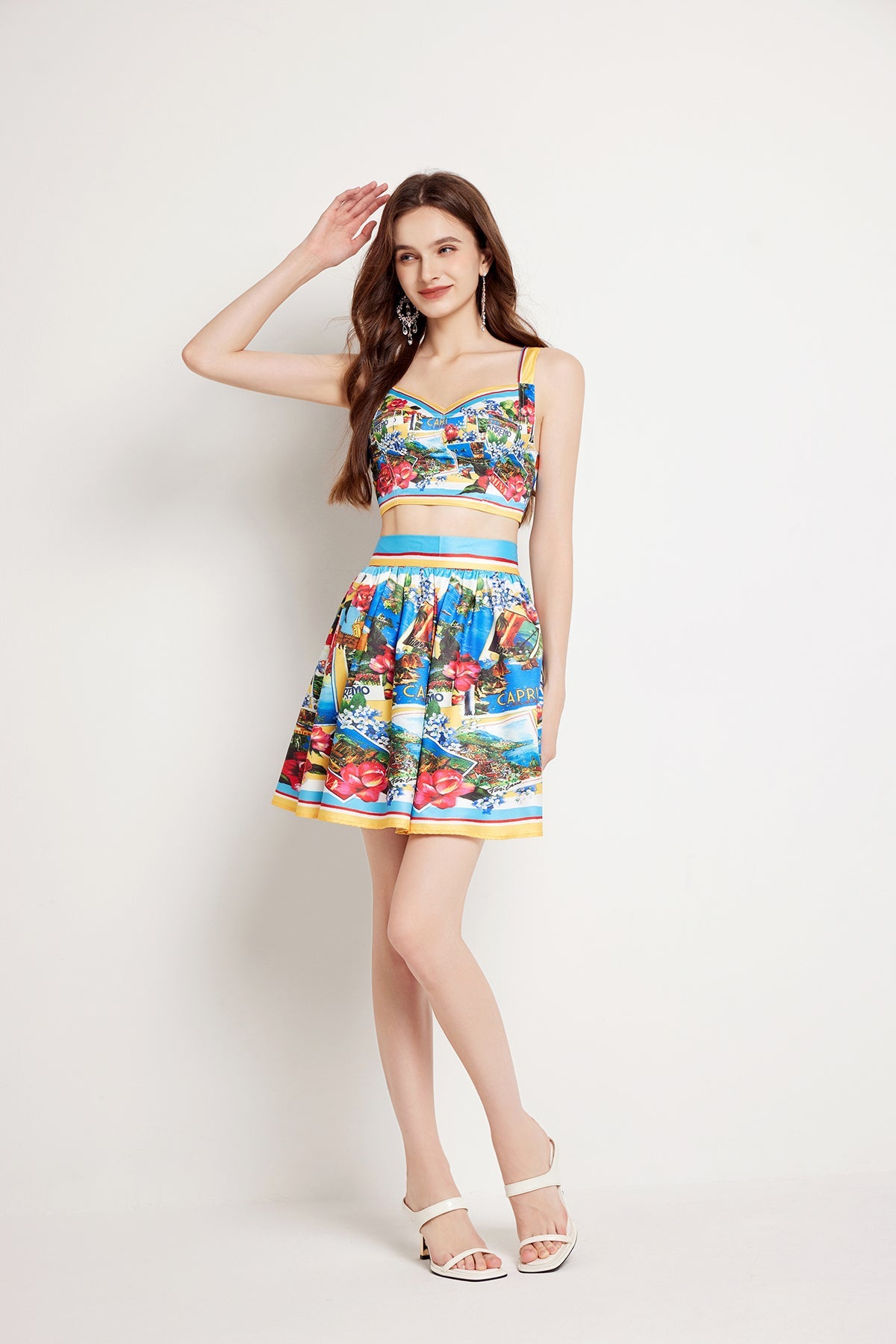 Women Summer Color Contrast Chest Halter Skirt Two Piece Set Blue