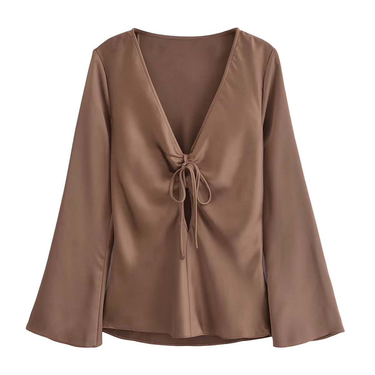 Women Bowknot Silk Satin Texture Long Sleeve Shirt