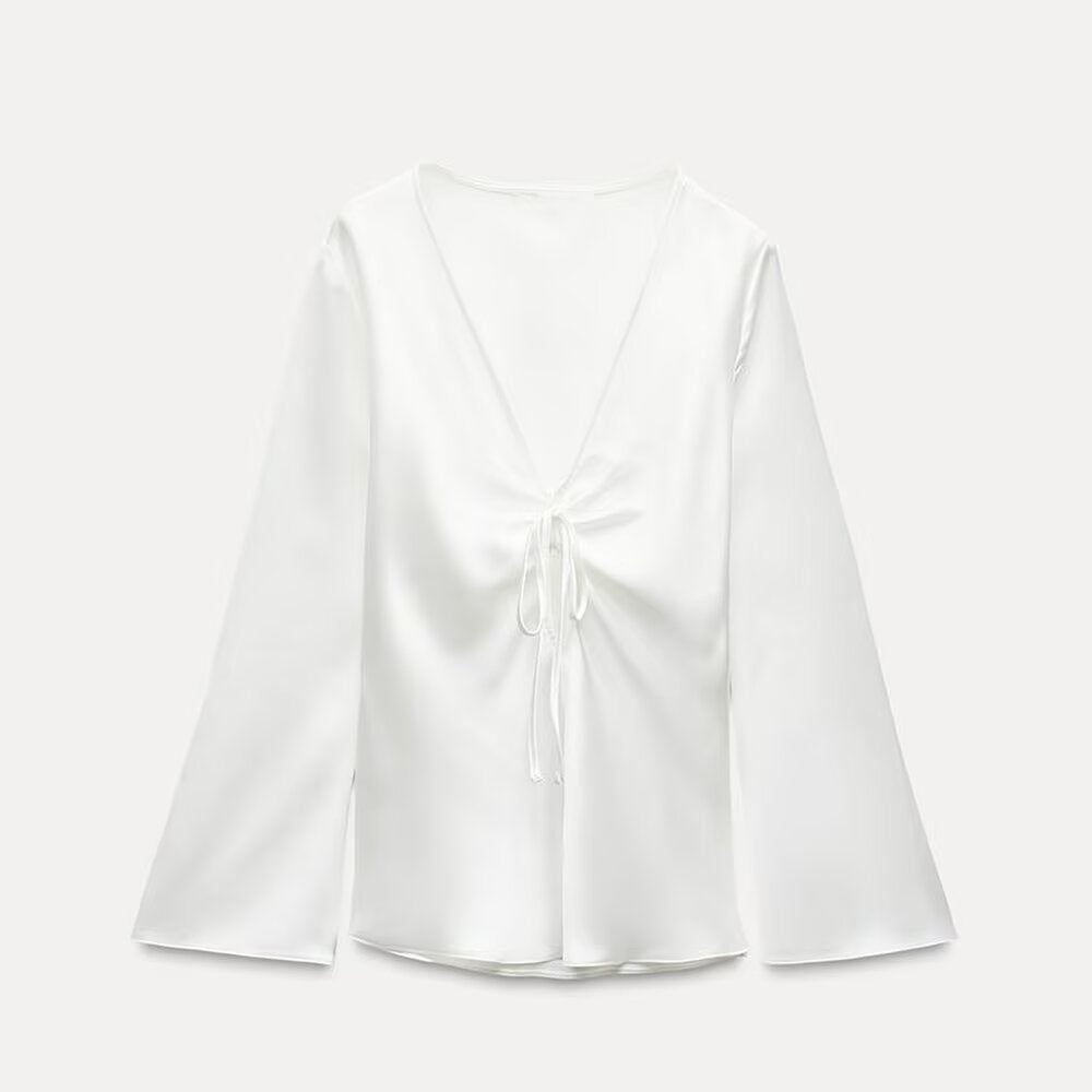 Women Bowknot Silk Satin Texture Long Sleeve Shirt White