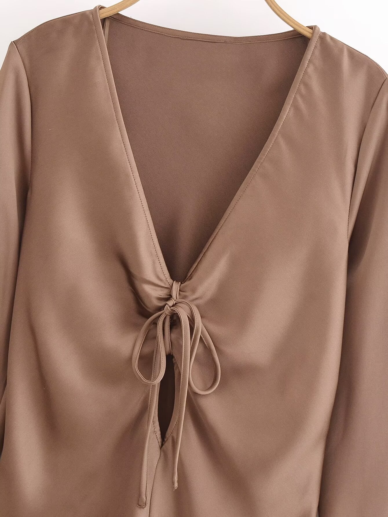 Women Bowknot Silk Satin Texture Long Sleeve Shirt