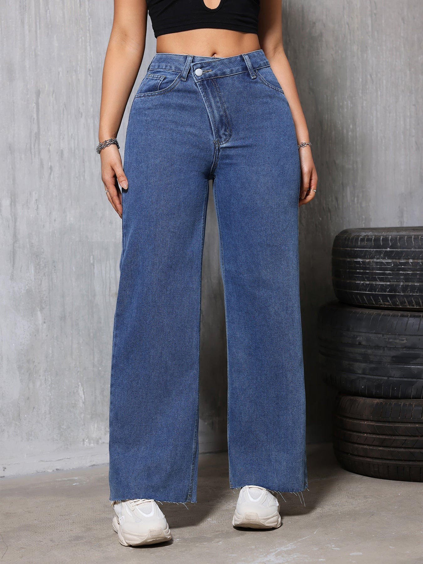 Women Clothing Retro Blue Worn Jeans Women Summer Straight Loose Thin High Waist Drooping Casual Denim Trousers Blue