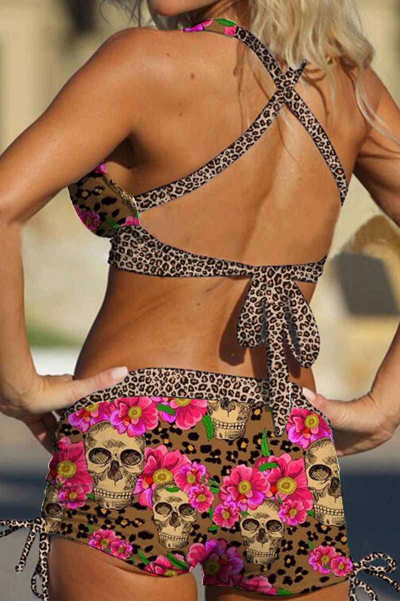 🔥Pink Leopard Drawstring Side Two Piece Swimwear