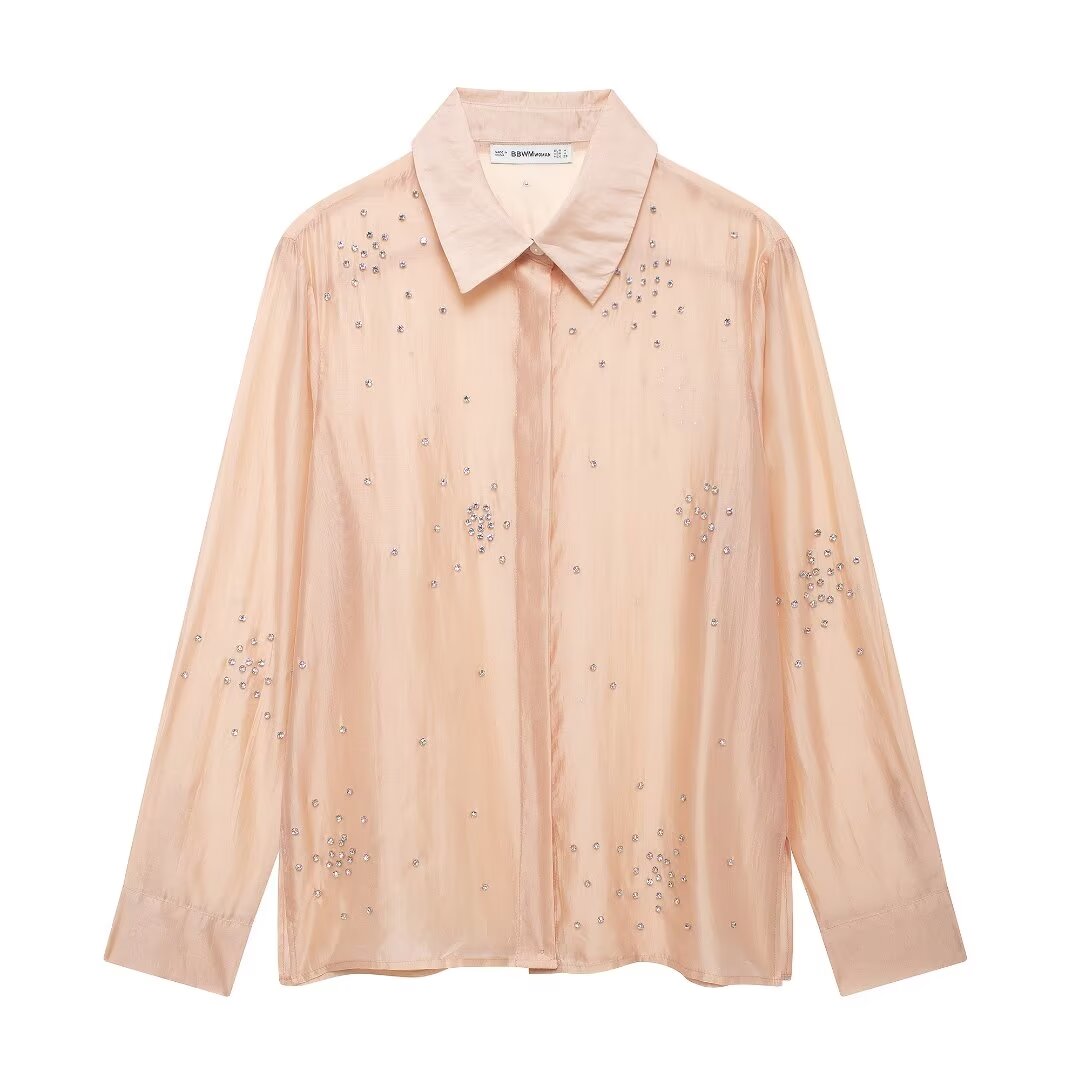 Women Clothing Classic Western All Matching Jewelry Embroidered Shirt Pink