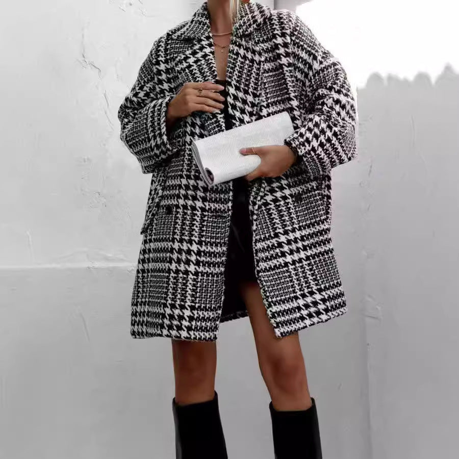 Women Clothing Autumn Winter Arrival Thick Loose Plaid Woolen Houndstooth Women Coat Black